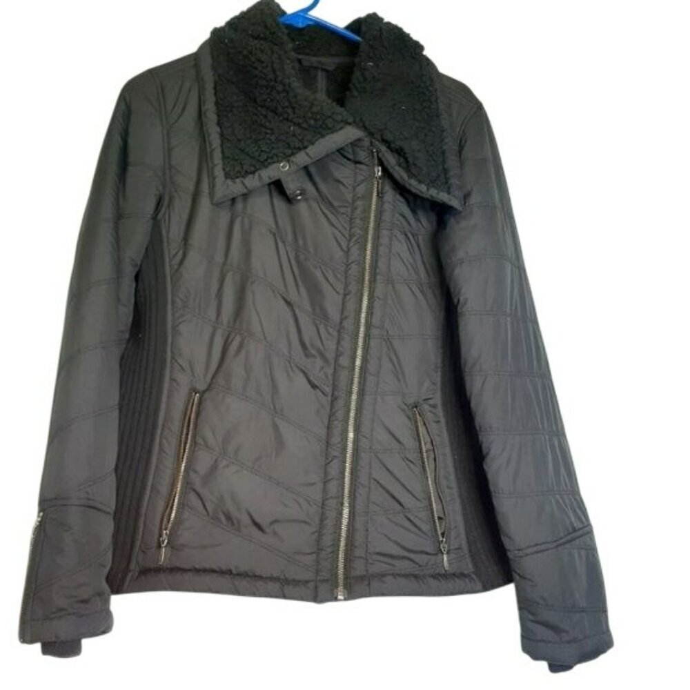 Prana Womens Quilted Jacket M Black With Sherpaโ Collar & Zipper Pockets